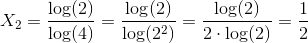 X_2=\frac{\log(2)}{\log(4)}=\frac{\log(2)}{\log(2^2)}=\frac{\log(2)}{2\cdot \log(2)}=\frac{1}{2}