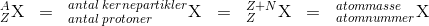 _{Z}^{A}\textrm{X}\; \; =\; \; _{antal\; protoner}^{antal\; kernepartikler}\textrm{X}\; \; =\; \; _{Z}^{Z+N}\textrm{X}\; \; =\; \; _{atomnummer}^{atommasse}\textrm{X}\textrm{}