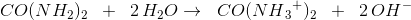 CO(NH_2)_2 \; \; +\; \; 2\, H_2O \rightarrow \; \; CO(NH{_{3}}^{+})_2\; \; +\; \; 2\, OH^-