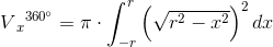 V{_{x}}^{360^{\circ}}=\pi \cdot \int_{-r}^{r}\left (\sqrt{r^2-x^2} \right )^2\textupright {d}x