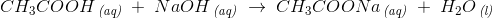 CH_3COOH\, _{\textit{(aq)}}\; +\; NaOH\, _{\textit{(aq)}}\; \rightarrow \; CH_3COONa\, _{\textit{(aq)}}\; +\; H_2O\, _{\textit{(l)}}