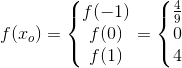 f(x_o)=\left\{\begin{matrix} f(-1)\\ f(0) \\ f(1) \end{matrix}\right.=\left\{\begin{matrix} \frac{4}{9}\\ 0 \\ 4\end{matrix}\right.