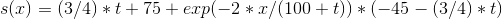 s(x) = (3/4)*t+75+exp(-2*x/(100+t))*(-45-(3/4)*t)