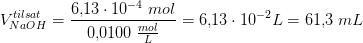 V_{NaOH}^{tilsat}=\frac{6{,}13\cdot 10^{-4}\; mol }{0{,}0100\; \frac{mol}{L}}=6{,}13\cdot 10^{-2} L=61{,}3\; mL