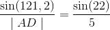 \frac{\sin(121,2)}{\mid AD\mid} = \frac{\sin(22)}{5}