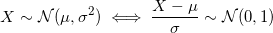 \small X \sim \mathcal{N}(\mu,\sigma^2) \iff \frac{X-\mu}{\sigma} \sim \mathcal{N} (0,1)