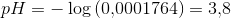pH=-\log\left (0{,}0001764\right )=3{,}8