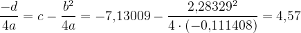 \frac{-d}{4a}=c-\frac{b^2}{4a}=-7{,}13009-\frac{2{,}28329^2}{4\cdot (-0{,}111408)}=4{,}57