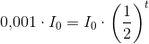 0{,}001\cdot I_0=I_0\cdot \left(\frac{1}{2}\right)^{t}
