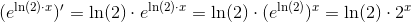 (e^{\ln(2)\cdot x})'=\ln (2)\cdot e^{\ln (2)\cdot x}= \ln (2)\cdot (e^{\ln (2)})^x=\ln (2)\cdot 2^x