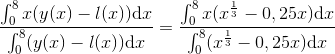 \frac{\int_0^8 x(y(x)-l(x))\textup{d}x}{\int_0^8 (y(x)-l(x))\textup{d}x}=\frac{\int_0^8 x(x^{\frac{1}{3}}-0,25x)\textup{d}x}{\int_0^8 (x^{\frac{1}{3}}-0,25x)\textup{d}x}