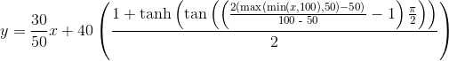 y=\frac{30}{50}x +40\left(\frac{1+\tanh \left(\tan \left( \left(\frac{2 (\max (\min (x,100),50)-50)}{\text{100 - 50}}-1\right)\frac{\pi}{2}\right)\right)}{2}\right)