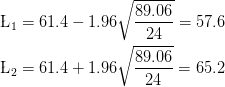 \small \begin{align*} \L_1 &= 61.4 - 1.96 \sqrt {\frac{89.06}{24}} = 57.6\\ \L_2 &= 61.4 + 1.96 \sqrt {\frac{89.06}{24}} = 65.2 \end{align*}