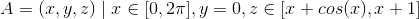 A={(x,y,z)\mid x\in [0,2\pi ],y=0,z\in [x+cos(x),x+1]}