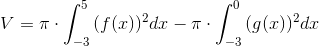 V=\pi\cdot\int_{-3}^5{(f(x))^2dx}-\pi\cdot\int_{-3}^0{(g(x))^2dx}