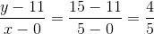 \frac{y-11}{x-0}=\frac{15-11}{5-0}=\frac{4}{5}