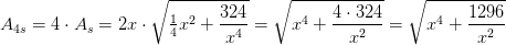 A_{4s}=4\cdot A_s=2x\cdot \sqrt{\tfrac{1}{4}x^2+\frac{324}{x^4}}=\sqrt{x^4+\frac{4\cdot 324}{x^2}}=\sqrt{x^4+\frac{1296}{x^2}}