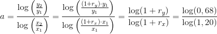 a=\frac{\log\left ( \frac{y_2}{y_1} \right )}{\log\left ( \frac{x_2}{x_1} \right )}=\frac{\log\left ( \frac{(1+r_y)\cdot y_1}{y_1} \right )}{\log\left ( \frac{(1+r_x)\cdot x_1}{x_1} \right )}=\frac{\log(1+r_y)}{\log(1+r_x)}=\frac{\log(0,68)}{\log(1,20)}