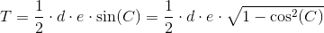 T=\frac{1}{2}\cdot d \cdot e\cdot \sin(C)=\frac{1}{2}\cdot d\cdot e\cdot \sqrt{1-\cos^2(C)}