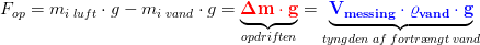 F_{op}=m_{i\; luft}\cdot g-m_{i\; vand}\cdot g=\underset{opdriften}{\underbrace{\mathbf{\color{Red} \Delta m\cdot g}}}=\underset{tyngden\; af \; fortr\ae ngt\; vand}{\underbrace{\mathbf{\color{Blue} V_{messing}\cdot \varrho_{vand} \cdot g}}}