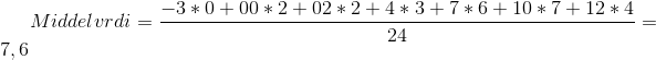 Middelværdi =\frac{-3*0+00*2+02*2+4*3+7*6+10*7+12*4}{24}=7,6