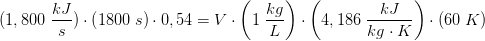 (1,800\;\frac{ kJ}{s})\cdot \left ( 1800\; s \right )\cdot 0,54=V\cdot \left ( 1\; \frac{kg}{L} \right )\cdot \left ( 4,186\; \frac{kJ}{kg\cdot K} \right )\cdot \left ( 60\; K \right )