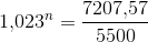 1{,}023^n=\frac{7207{,}57}{5500}