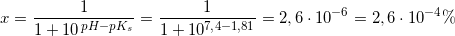 \small x=\frac{1}{1+10^{\, pH-pK_s}}=\frac{1}{1+10^{7{,}4-1,81}}=2,6\cdot 10^{-6}=2,6\cdot 10^{-4}\%