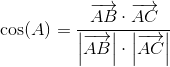 \cos(A)=\frac{\overrightarrow{AB}\cdot \overrightarrow{AC}}{\left |\overrightarrow{AB} \right |\cdot \left |\overrightarrow{AC} \right |}