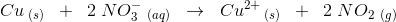 Cu\, _{(s)}\; \; +\; \; 2\; N}O{_{3}^{-}\; _{(aq)}\; \; \rightarrow \; \; Cu^{2+}\, _{(s)}\; \; +\; \; 2\; {N}O{_{2}\; _{(g)}