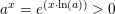 \small \small a^x=e^{\left (x\cdot \ln(a) \right )}>0