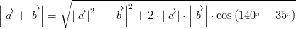 \left | \overrightarrow{a}+\overrightarrow{b} \right |=\sqrt{ \left | \overrightarrow{a} \right |^2 + \left | \overrightarrow{b} \right |^2+2\cdot \left | \overrightarrow{a} \right |\cdot \left | \overrightarrow{b} \right |\cdot \cos\left ( 140^\circ-35^\circ \right )}