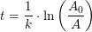\small t=\frac{1}{k}\cdot \ln\left (\frac{A_0}{A} \right )