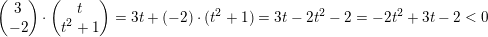\small \begin{pmatrix} 3\\-2 \end{pmatrix}\cdot \begin{pmatrix} t\\t^2+1 \end{pmatrix}=3t+(-2)\cdot (t^2+1)=3t-2t^2-2=-2t^2+3t-2<0