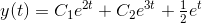 y(t) =C_1e^{2t}+C_2e^{3t}+\tfrac{1}{2}e^t