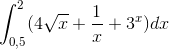 \int_{0,5}^{2}(4\sqrt{x}+\frac{1}{x}+3^x)dx