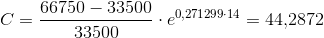 C=\frac{66750-33500}{33500}\cdot e^{0{,}271299\cdot 14}=44{,}2872