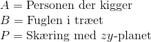 \\A=\text{Personen der kigger}\\ B=\text{Fuglen i tr\ae et}\\ P = \text{Sk\ae ring med } zy \text{-planet}