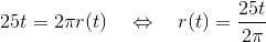 25t = 2\pi r(t) \quad \Leftrightarrow \quad r(t) = \frac{25t}{2\pi}
