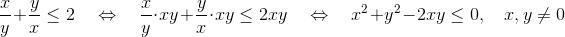 \frac xy + \frac yx \leq 2 \quad \Leftrightarrow \quad \frac xy\cdot xy+\frac yx\cdot xy\leq 2xy \quad \Leftrightarrow \quad x^2+y^2-2xy \leq 0, \quad x,y\neq 0