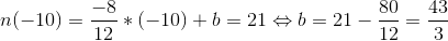 n(-10)=\frac{-8}{12}*(-10)+b=21\Leftrightarrow b=21-\frac{80}{12}=\frac{43}{3}