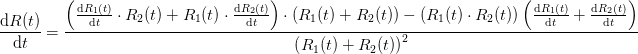 \frac{\mathrm{d} R(t)}{\mathrm{d} t}=\frac{\left (\frac{\mathrm{d} R_1(t)}{\mathrm{d} t}\cdot R_2(t)+R_1(t)\cdot \frac{\mathrm{d} R_2(t)}{\mathrm{d} t} \right )\cdot \left ( R_1(t)+R_2(t) \right )-\left ( R_1(t)\cdot R_2(t) \right )\left ( \frac{\mathrm{d} R_1(t)}{\mathrm{d} t} +\frac{\mathrm{d} R_2(t)}{\mathrm{d} t}\right )}{\left (R_1(t)+R_2(t) \right )^2}