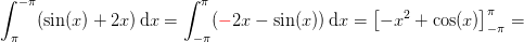 \int_{\pi }^{-\pi }(\sin(x)+2x)\, \textup{d}x=\int_{-\pi }^{\pi }({\color{Red} -}2x-\sin(x))\, \textup{d}x=\left [ -x^2+\cos(x) \right ]_{-\pi }^{\pi }=