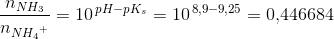 \frac{n_{NH_3}}{n_{N{H_4}^+}}=10^{\, pH-pK_s}=10^{\, 8{,}9-9{,}25}=0{,}446684