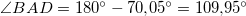 \small \angle BAD=180^{\circ}-70{,}05^{\circ}=109{,}95^{\circ}