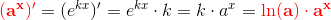 \mathbf{\color{Red} (a^x){}'}=(e^{kx}){}'=e^{kx}\cdot k=k\cdot a^x=\mathbf{\color{Red} \ln(a)\cdot a^x}