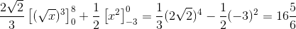 \frac{2\sqrt{2}}{3}\left [ (\sqrt{x})^{3} \right ]_{0}^{8}+\frac{1}{2}\left [ x^{2} \right ]_{-3}^{0} =\frac{1}{3}(2\sqrt{2})^{4}-\frac{1}{2}(-3)^{2} =16\frac{5}{6}