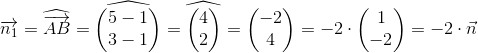 \overrightarrow{n_1}=\widehat{\overrightarrow{AB}}=\widehat{\begin{pmatrix} 5-1\\ 3-1 \end{pmatrix}}=\widehat{\begin{pmatrix} 4\\ 2 \end{pmatrix}}={\begin{pmatrix} -2\\ 4 \end{pmatrix}}= -2 \cdot \begin{pmatrix} 1\\-2 \end{pmatrix}=-2\cdot \vec{n}