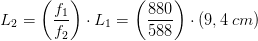 L_2=\left (\frac{f_1}{f_2} \right )\cdot L_1=\left (\frac{880}{588} \right )\cdot \left (9,4\; cm)