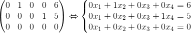 \begin{pmatrix} 0 &1 &0 &0 &6 \\ 0 & 0& 0 &1 &5 \\ 0 & 0& 0 &0 & 0 \end{pmatrix}\Leftrightarrow \left\{\begin{matrix} 0x_1 +1x_2 +0x_3 +0x_4=6 \\ 0x_1 +0x_2 +0x_3 +1x_4=5\\ 0x_1 +0x_2 +0x_3 +0x_4=0 & & & & \end{matrix}\right.